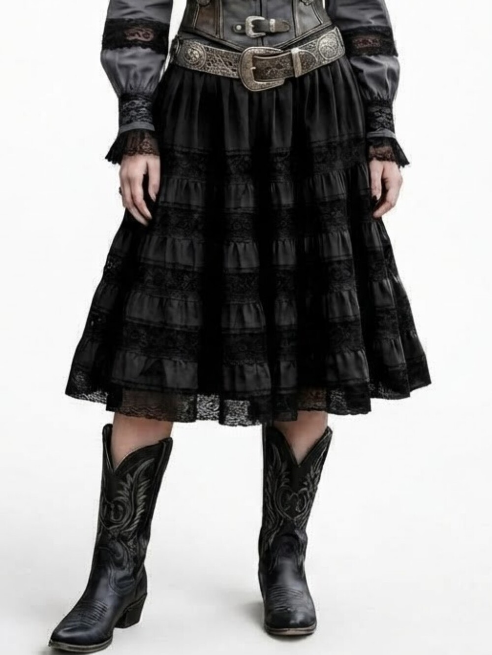 Vintage Square Up Fashions Inc. Black Square Dance Skirt with Lace Trim